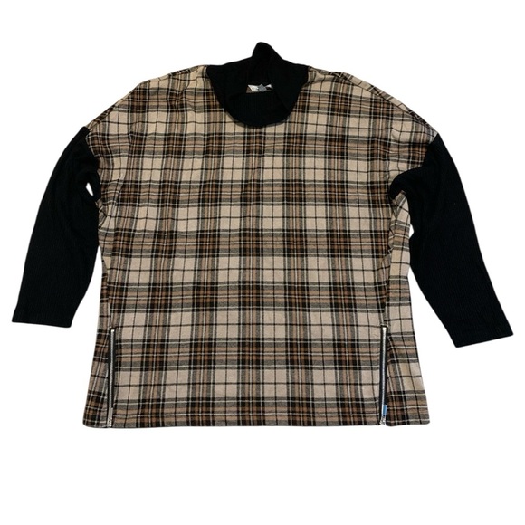 Cleo Petites Plaid Tunic Sweater Mock Neck Black Ribbed Knit Sides L/G - Picture 1 of 7